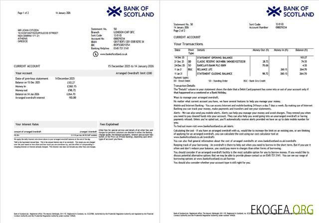Relevé de compte de la UK Bank of Scotland Modèle Word et PDF, 2 pages
